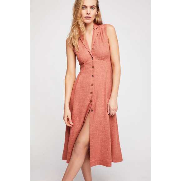 Free People Dresses & Skirts - Free People Open Back Button Front Midi Dress Peach M